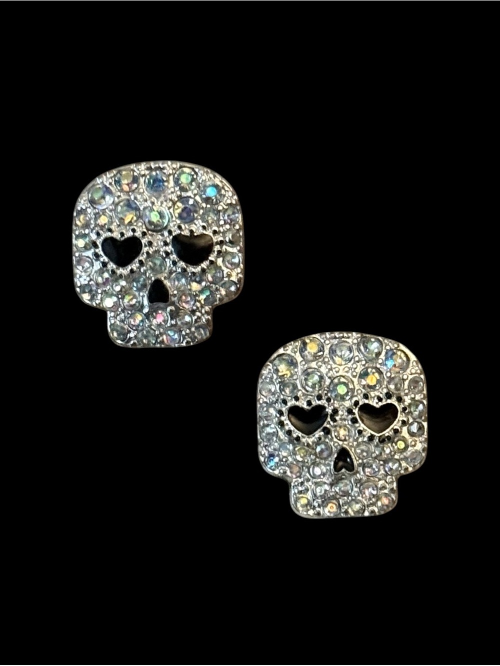 Silver tone AB rhinestone skull post earrings